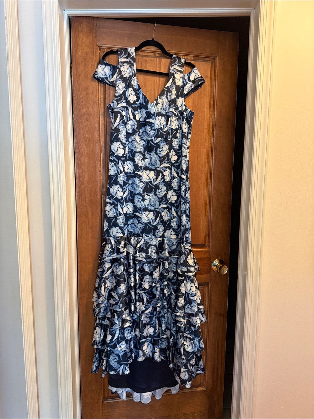 Kay Unger Navy and White Floral Ruffled Maxi Dress